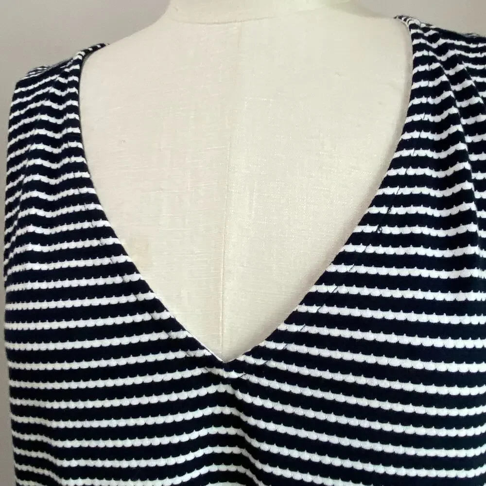 Loft Stripes Navy Blue & White Lightweight Double V Flounce Dress Sz Large - Picture 4 of 13